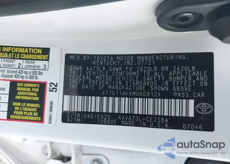 2021 Toyota Camry Se from USA, damaged, VIN 4T1G11AKXMU609124